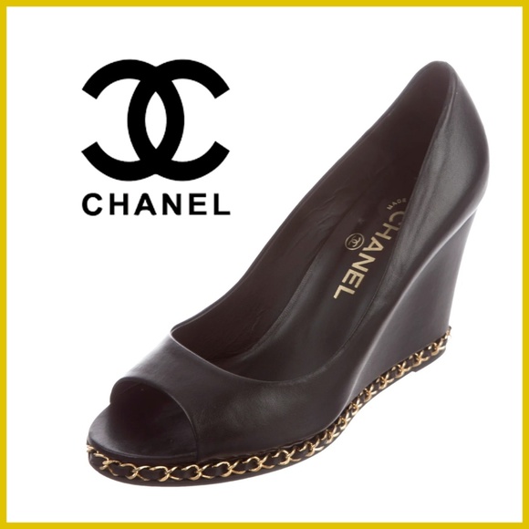 CHANEL Shoes - CHANEL Chain-Link Black Leather Peep toe Wedges